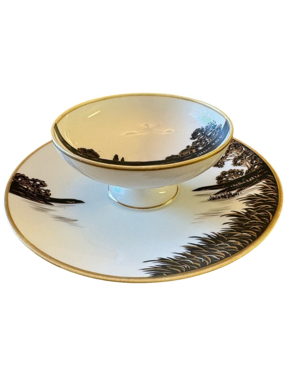 Nippon Hand Painted Gilded Japanese Dish Landscape Scene Butter Cheese Dip Sauce